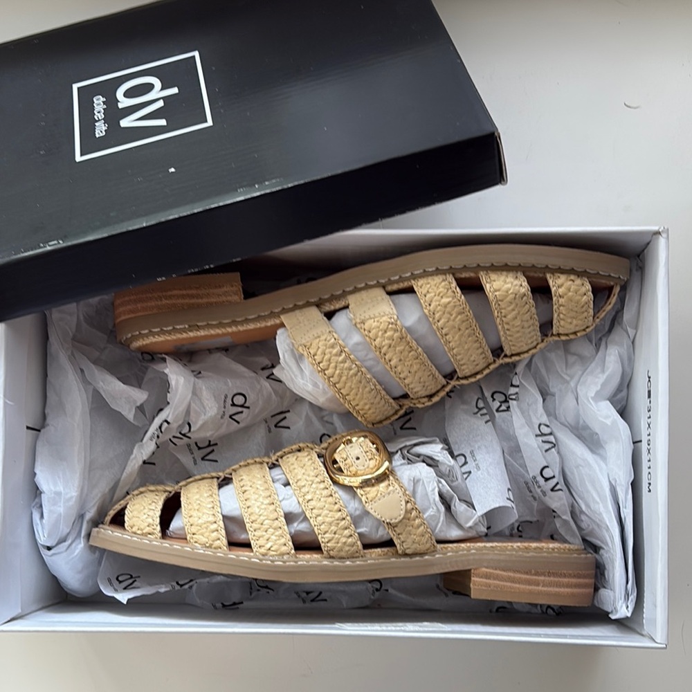 Dolce Vita, Fiona Raffia, Tan Woven Buckle Sandals, Size 6.5